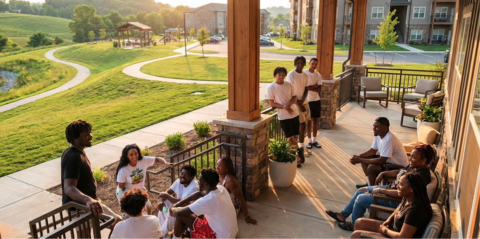 "Young adults gathered on a covered porch overlooking a residential community with green spaces and walking paths